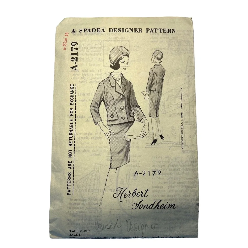 Spadea Designer Herbert Sondheim Pattern A-2179 1960's Misses Jacket Sz. 16 RARE